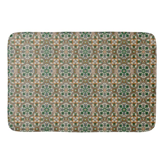 Green mustard floral Azulejos Geometric pattern Bath Mat (Front)