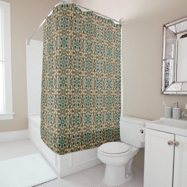 Green mustard floral Azulejos Geometric pattern Shower Curtain (In Situ)