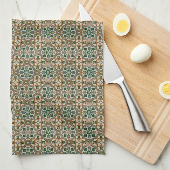 Green mustard floral Azulejos Geometric pattern Tea Towel (Quarter Fold)