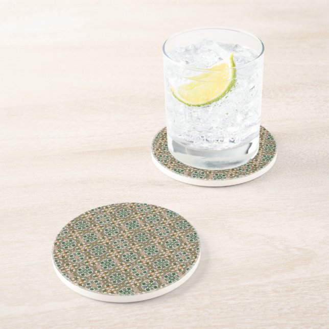 Green mustard Spanish floral Geometric Azulejos Coaster (Side)