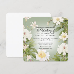 Green n White Rose Peony Botanical Floral Wedding Invitation