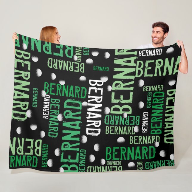 Green Names and Golf Balls all over Black Fleece Blanket (In Situ)