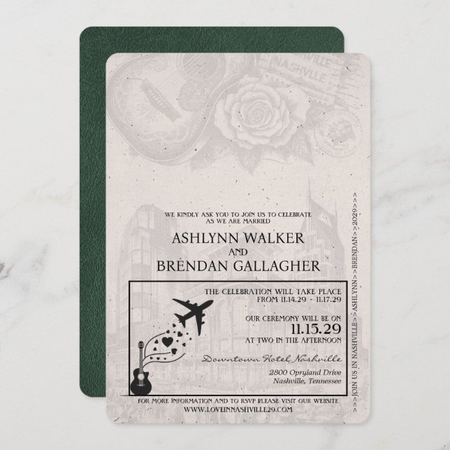 Green Nashville Passport Wedding Invitation (Front/Back)