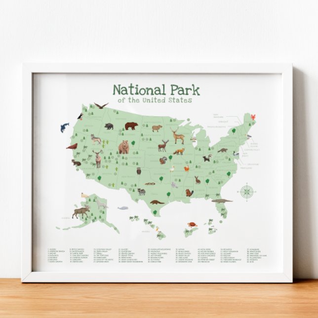 Green National Park Map Woodland Nursery Print (Green National Park Map Woodland Nursery Print)