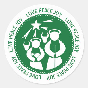 Green Nativity Scene Love, Peace, Joy Christmas Classic Round Sticker
