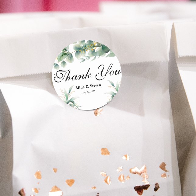 Green natural eucalyptus thank you wedding  classic round sticker (Creator Uploaded)