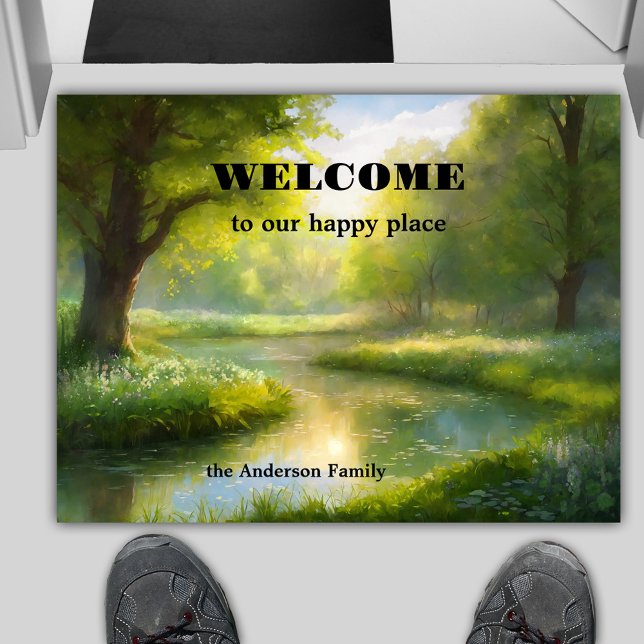 Green Nature Landscape Art Doormat (Doormat featuring a fine art painting of a peaceful landscape with trees, a creek and green nature)