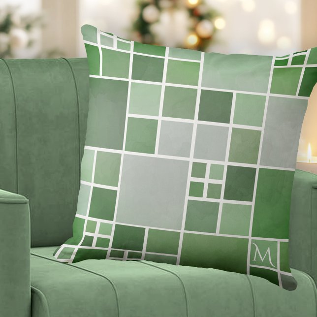 Green Nature Monogram Geometric Pattern Pillow (Modern pillow featuring a geometric mosaic pattern inspired by nature in different shades of green)
