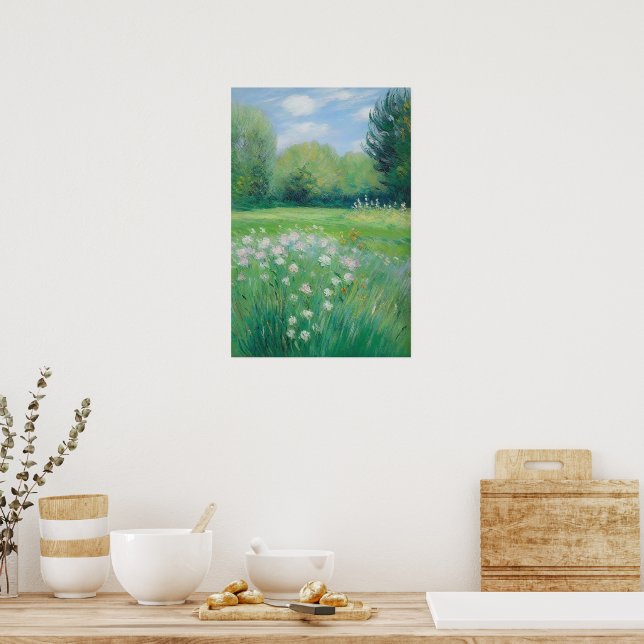 Green nature white flower field painting poster (Kitchen)