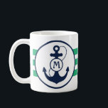 Green Nautical Anchor Coffee Mug<br><div class="desc">Kelly green nautical stripes and navy blue anchor with monogram.</div>