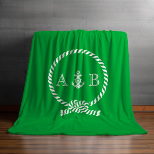 Green Nautical Rope and Anchor Monogrammed Fleece Blanket