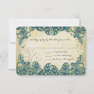 Green Navy Blue and Gold Peacock Wedding RSVP Card