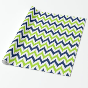 Green, Navy Blue and White Zigzag Ikat Pattern Wrapping Paper