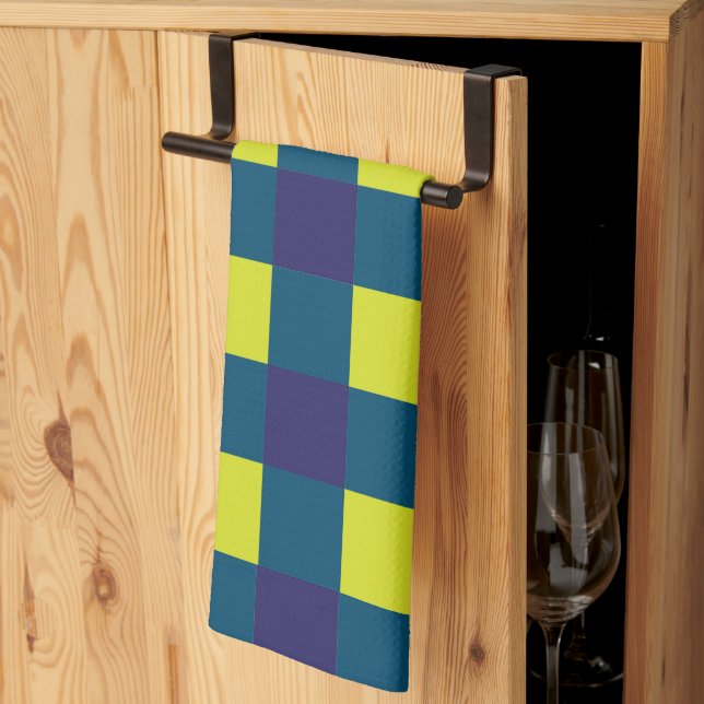 Green Navy Blue Chequerboard  Tea Towel (Thirds Fold)