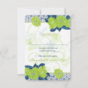 Green Navy Blue Vintage Floral Wedding RSVP Reply Card