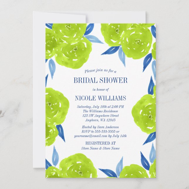 Green Navy Blue Watercolor Flowers Bridal Shower Invitation (Front)