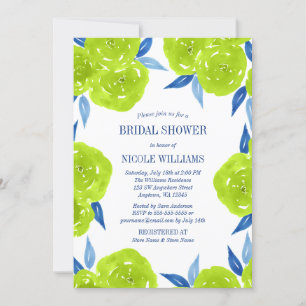 Green Navy Blue Watercolor Flowers Bridal Shower Invitation