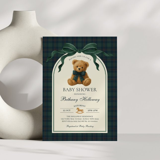 Green Navy Plaid Polo Teddy Bear Baby Shower Invitation (Creator Uploaded)