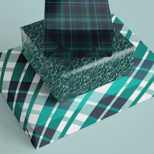 Green & Navy Tartan Plaid Christmas Typography Wrapping Paper Sheet