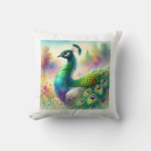 Green necked peafowl 120924AREF136 - Watercolor Cushion