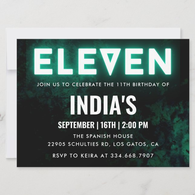 Green Neon 11th birthday Invitation (Front)