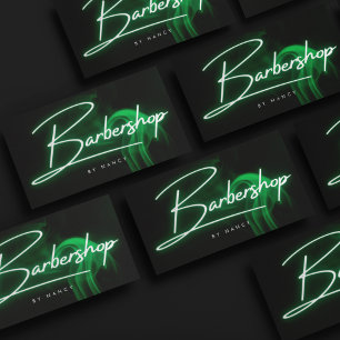 Green Neon Barbershop Handwritten Script Barber  Business Card