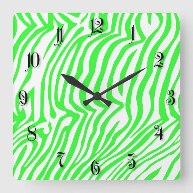 Green neon color zebra pattern square wall clock (Front)