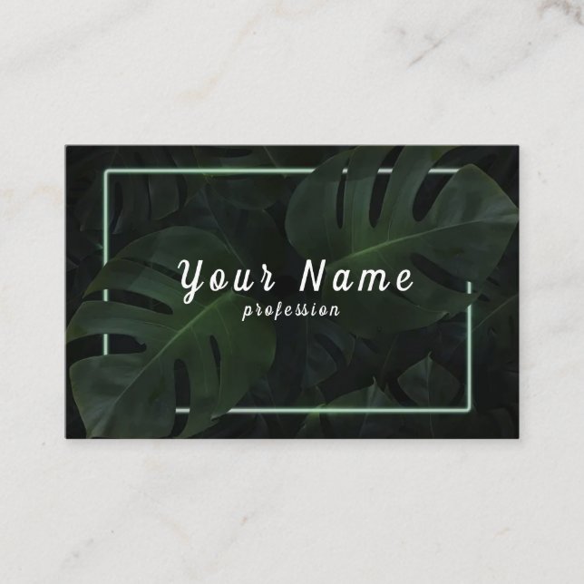 Green neon frame tropical leaf vector business card (Front)