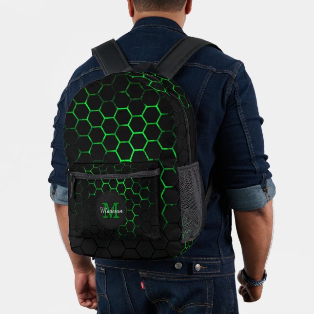 Green neon honeycomb geometry Monogram Black  Printed Backpack (Insitu (Model))
