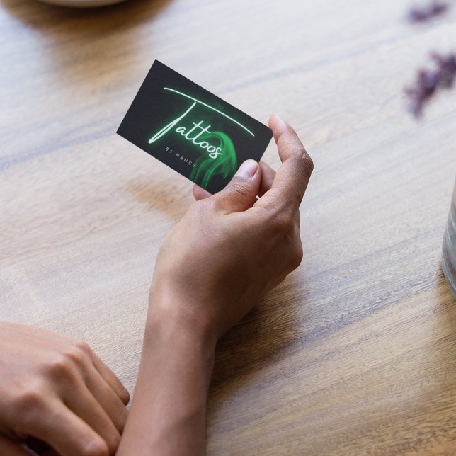 Green Neon & Smoke Tattoos Handwritten Script Business Card (Creator Uploaded)