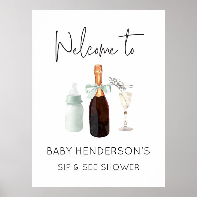 Green Neutral Sip and See Baby Shower Welcome Sign (Front)