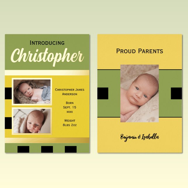Green new baby announcement gold foil flat card (Creator Uploaded)