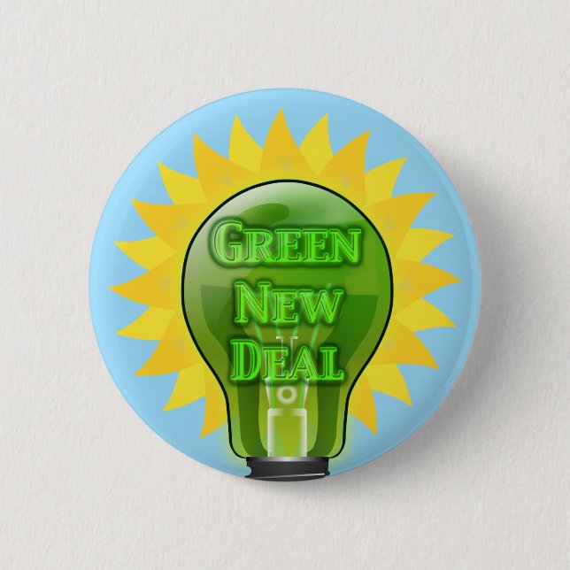 Green New Deal Light Bulb 6 Cm Round Badge (Front)