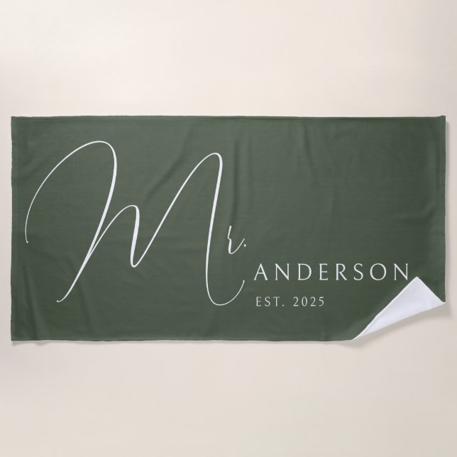 Green Newlyweds Mr Name Personalised Honeymoon Beach Towel (Front)