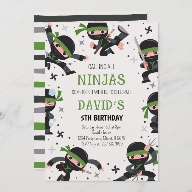 Green Ninja Warrior Martial Arts Birthday Invitation (Front/Back)