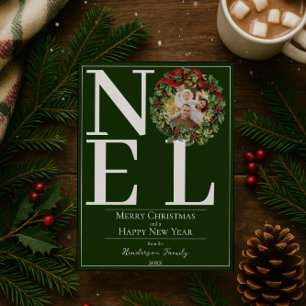 Green Noel Christmas Wreath Photo Holiday Card