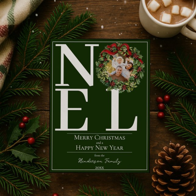 Green Noel Christmas Wreath Photo Holiday Card (Green Noel Christmas Wreath Photo Holiday Card)