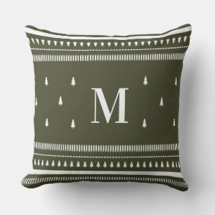 Green Nordic Christmas Trees & Monogram Cushion