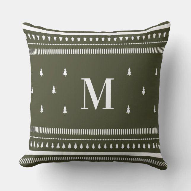 Green  Nordic Christmas Trees & Monogram Cushion (Front)