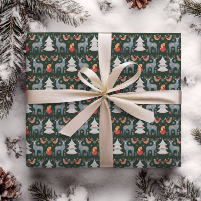 Green Nordic Reindeer Christmas Tree Floral Wrapping Paper (Creator Uploaded)