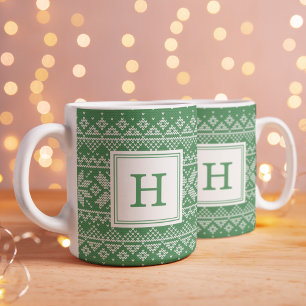 Green Nordic Sweater Pattern Monogram Holiday Coffee Mug