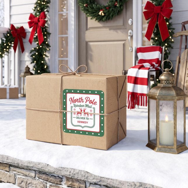 Green North Pole Reindeer express delivery dotted Square Sticker (Creator Uploaded)