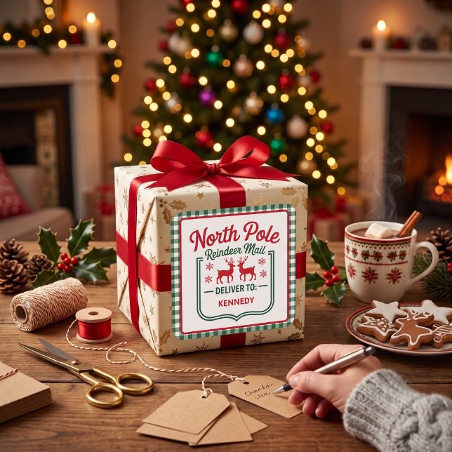 Green North Pole Reindeer express delivery plaid Square Sticker (Creator Uploaded)