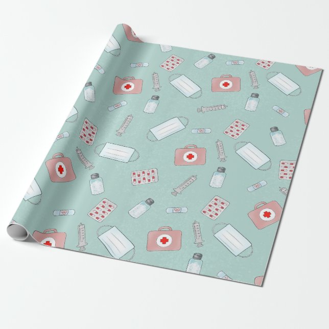 Green Nurse Symbols Gift Wrapping Paper (Unrolled)