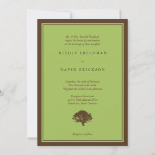 Green oak tree brown simple wedding invitation