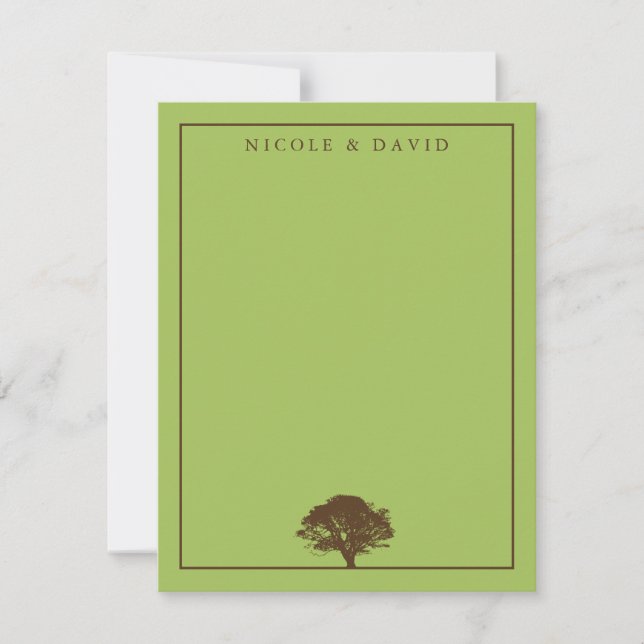 Green oak tree personalised couple thank you note invitation (Front)