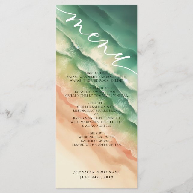 Green Ocean Beach Watercolor Elegant Menu (Front)