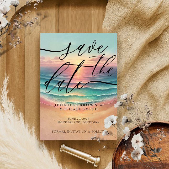 Green Ocean Beach Watercolor Signature Sunny Save The Date (Creator Uploaded)