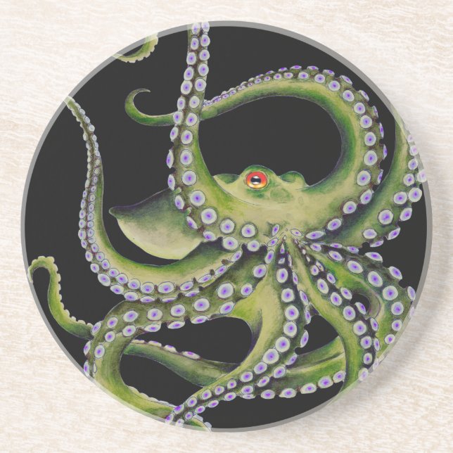 Green Octopus Black Coaster (Front)