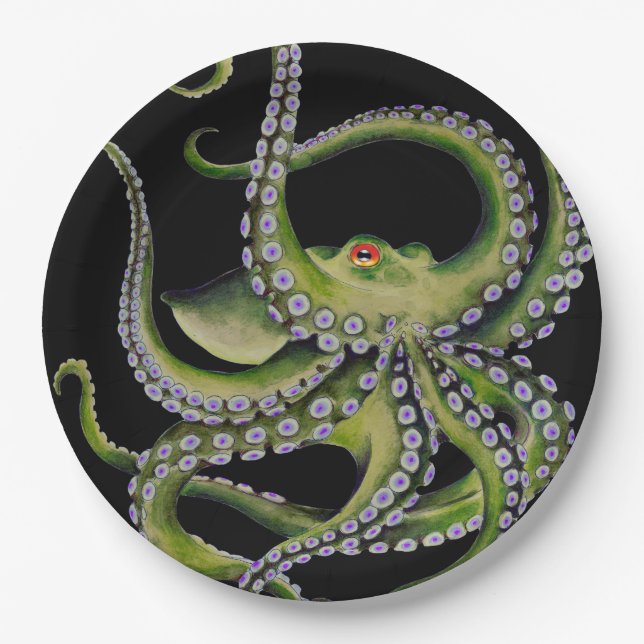 Green Octopus Black Paper Plate (Front)